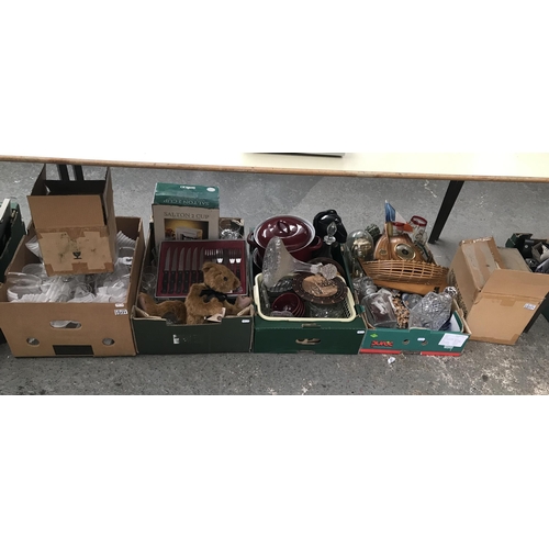 221 - 5 Boxes containing decanters, cutlery and a barometer etc