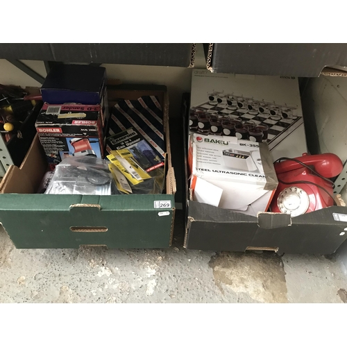 269 - 2 Boxes containing rotary phone, sander and inspection lamp etc