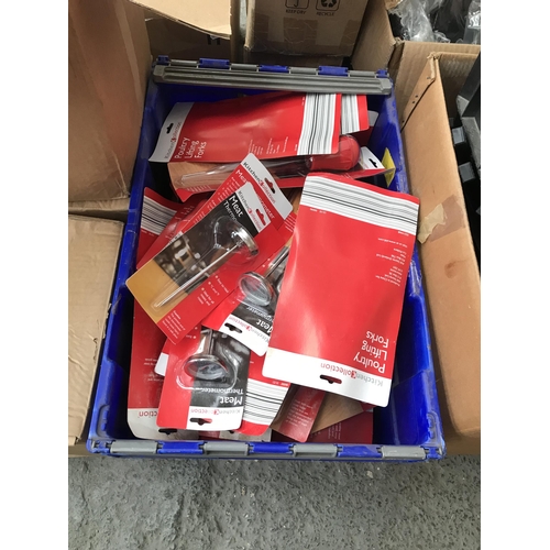 305 - Box containing new poultry lifting forks and thermometers