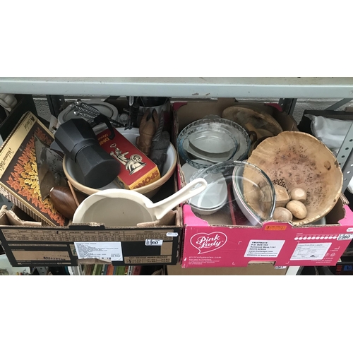 60 - 2 Boxes containing bowls a mincer and treen etc