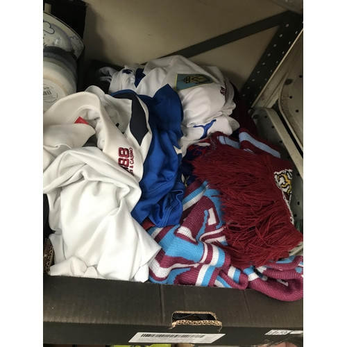 173 - Box containing Burnley FC scarves and training tops