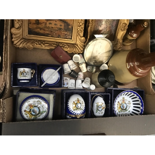 42 - 2 Boxes containing cutlery, thimbles and Queen Elizabeth II crested ware