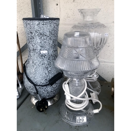 13 - 2 Glass table lamps plus one other