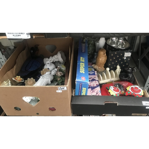 44 - 2 Boxes containing figurines, ornaments and a clock etc