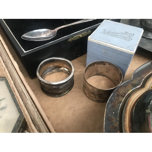 85 - Box containing pewter and 2 silver napkin rings etc