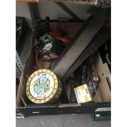 229 - 2 Boxes containing tools and a bowler hat etc