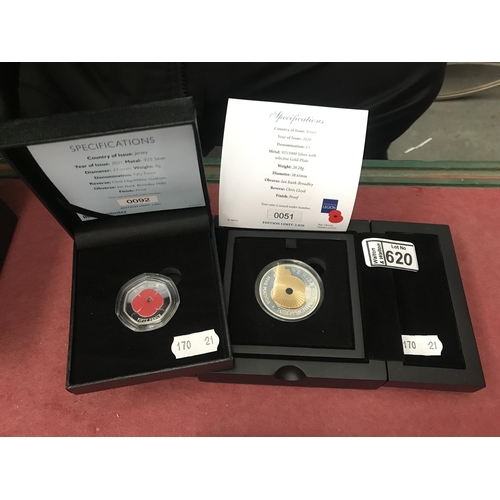 620 - 2 Cased silver 'Poppy' coins