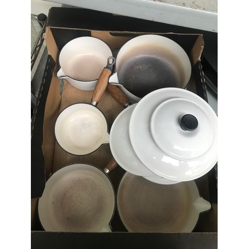 124 - Box containing white Le Creuset pans