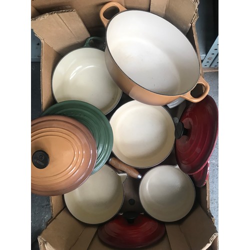 127 - Box containing red Le Creuset pans etc