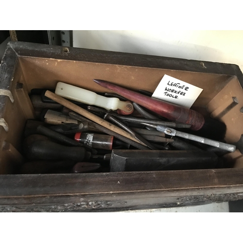 228 - Wine box containing leather worker's tools