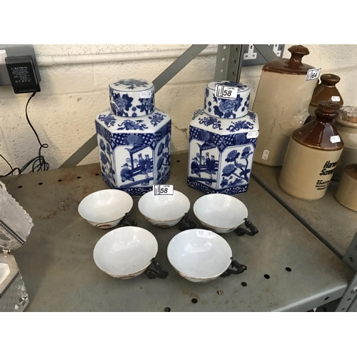 58 - 5 Chinese tea cups and 2 ginger jars