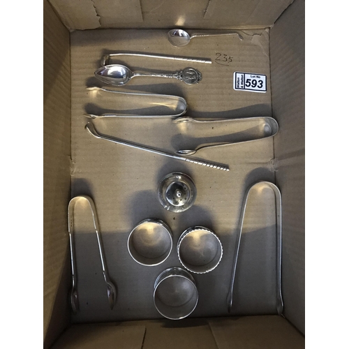 593 - Quantity of silver tongs and napkin rings etc 235g