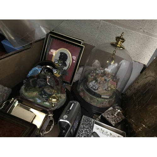 68 - 2 Boxes containing vintage stationary and ornate dome clocks