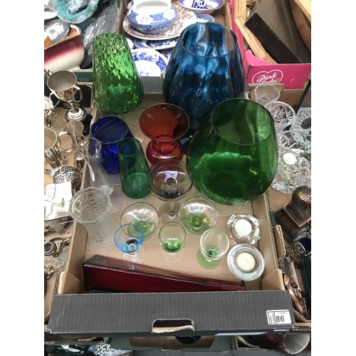 86 - Box containing large coloured glass vases etc