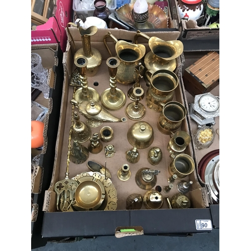 90 - Box containing brass ware including bells and candlesticks