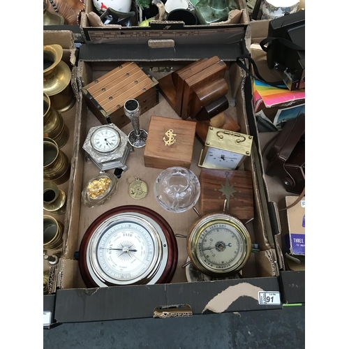 91 - Box containing wooden boxes and barometers etc