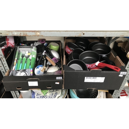 120 - 2 Boxes containing pans and cutlery
