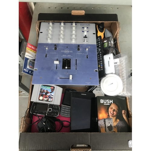 143 - Box containing electronics including a mixing deck and Samsung tablet etc