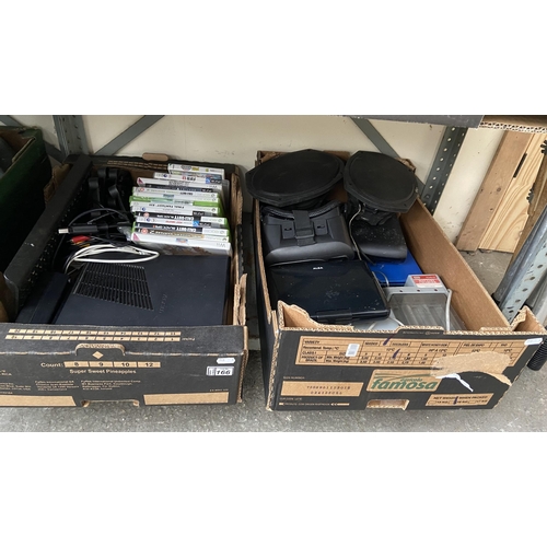 166 - 2 Boxes containing laptop (A/F) and an Xbox 360 etc