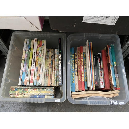 41 - 2 Boxes containing children's annuals etc including Rupert Bear