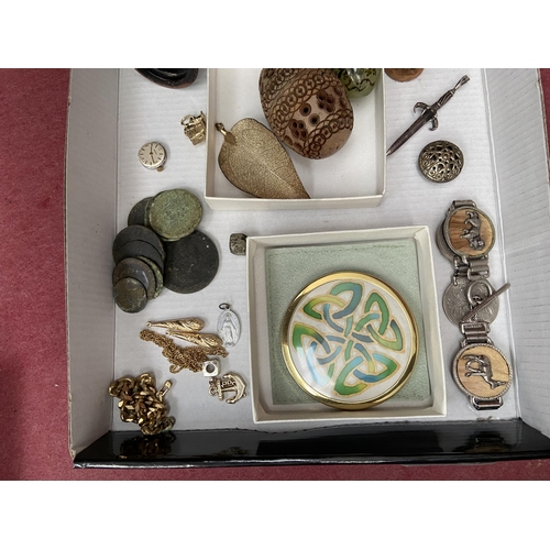 493 - Tray containing curios including a puzzle ball and African bracelet