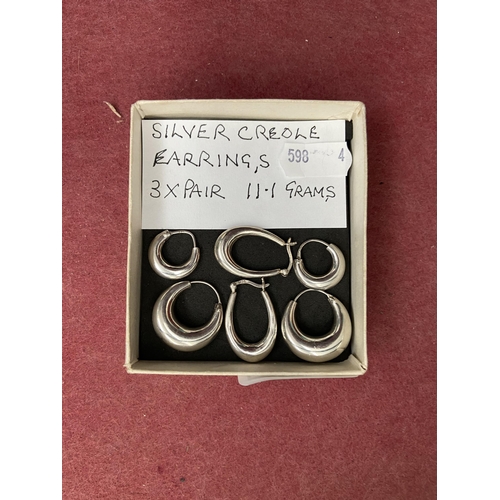 494 - 3 Pair of silver creole earrings (16g)