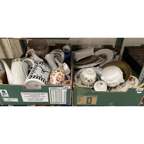 54 - 2 Boxes containing coffee pots, flatware and vases