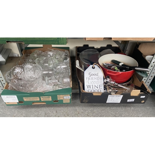 145 - 2 Boxes containing pans and glassware etc