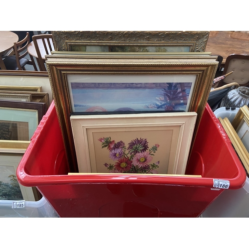 186 - Box containing vintage pictures etc