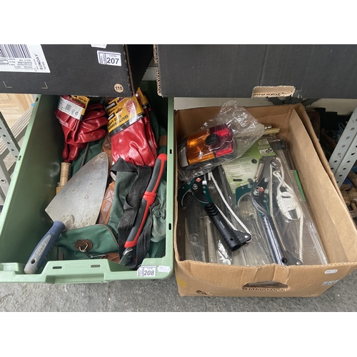 208 - 2 Boxes containing a tool bag and branch loppers etc