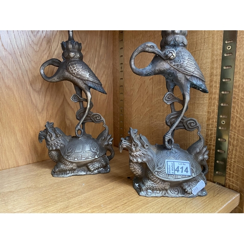 414 - Pair of ornate Chinese candlesticks