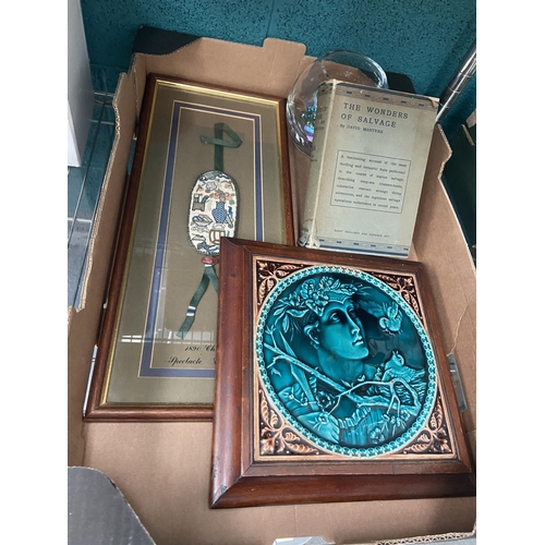 494 - Box containing a Minton Hollins framed tile etc