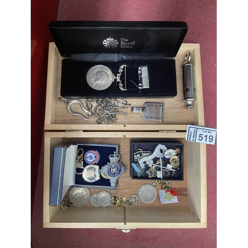 519 - Box containing 'H M Prison Service' badges and a medal etc