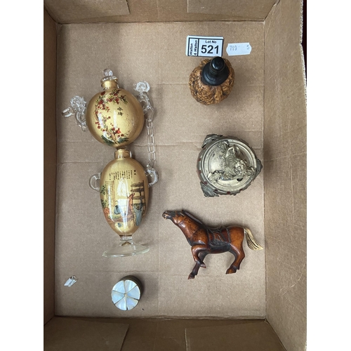 521 - Box containing Oriental curios including a 'walnut' snuff bottle