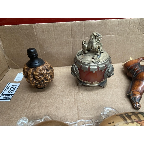 521 - Box containing Oriental curios including a 'walnut' snuff bottle