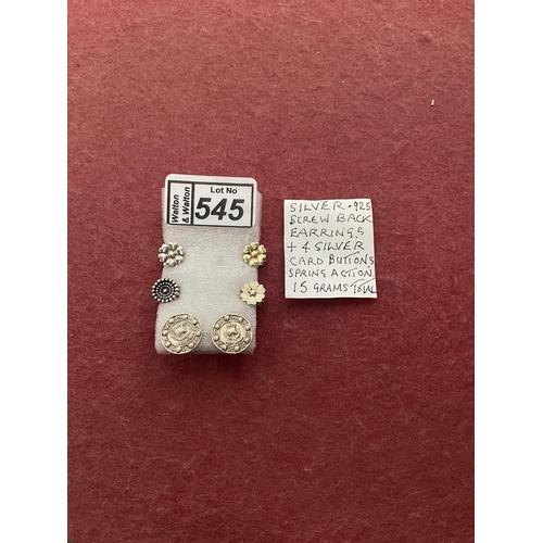 545 - 4 Silver card buttons and a pair of silver screw back earrings (15g)