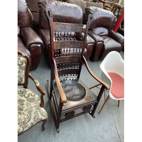 457 - Ornate leather seated rocking chair