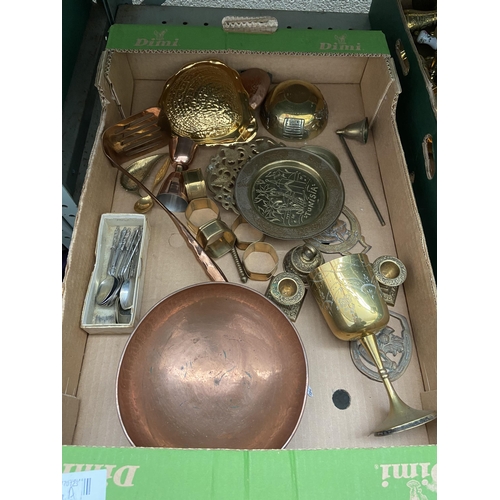 63 - Box containing brass ware and a copper dish