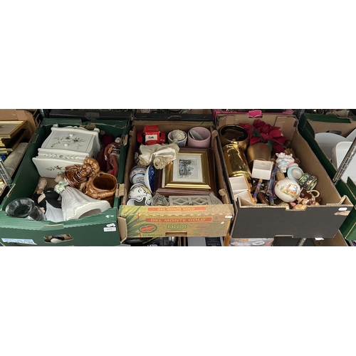 107 - 3 Boxes containing brass, ornaments and pictures etc