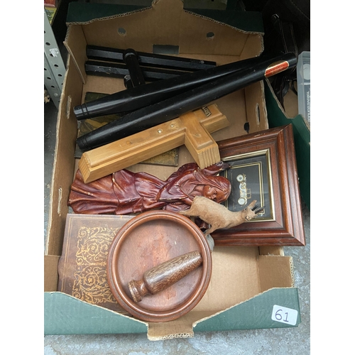 61 - Box containing treen including a crucifix