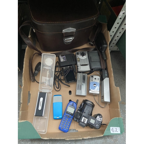 62 - Box containing cameras and a Nokia 2310 etc