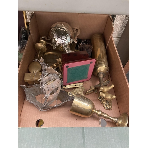 68 - Box containing brassware including a vintage fire extinguisher