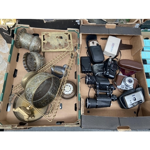 85 - 2 Boxes containing brass ware and vintage cameras etc