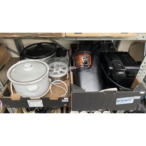 137 - 2 Boxes containing a coffee machine and crock pots etc