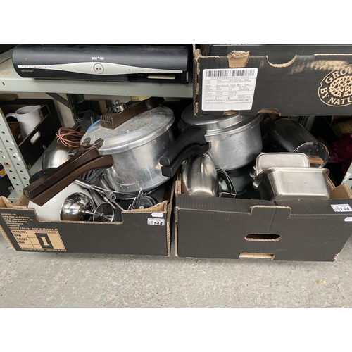 144 - 2 Boxes containing stainless steel pans etc
