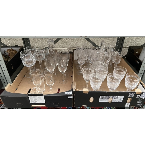 62 - 2 Boxes containing cut glass decanters and Galway wine glasses etc