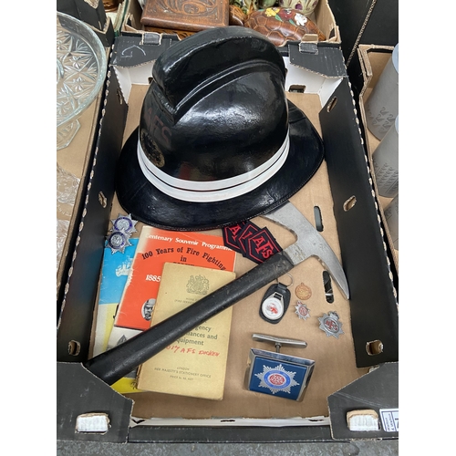 78 - Box containing AFS helmet and fire brigade badges etc