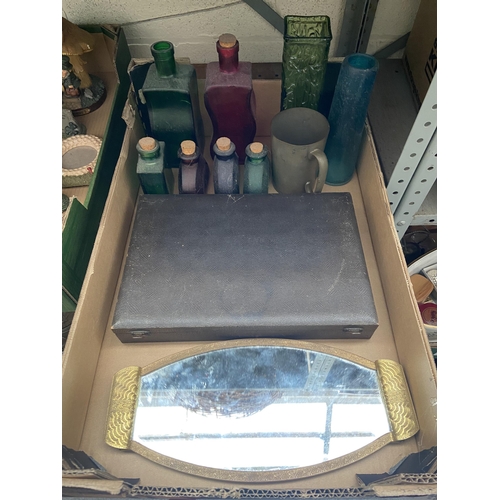 37 - Box containing coloured glass vases and a mirrored serving tray etc