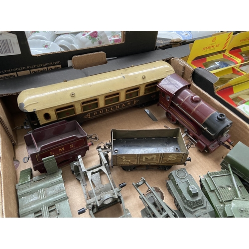 97 - Box containing military vehicles and a Hornby tin plate engine etc