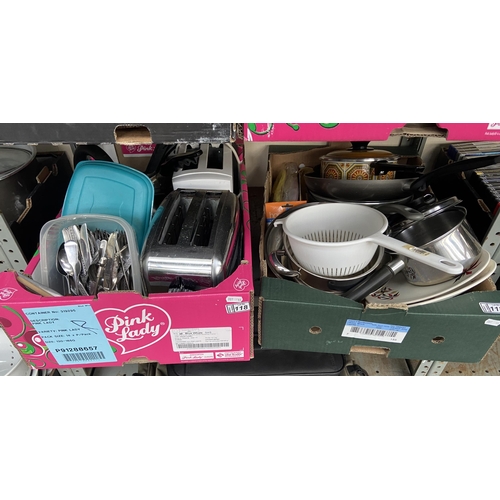 118 - 2 Boxes containing pans, toasters and cutlery